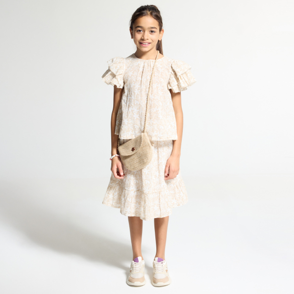 بلوزة مطبوع عليها بأكمام مكشكشة اللون بيج للفتيات